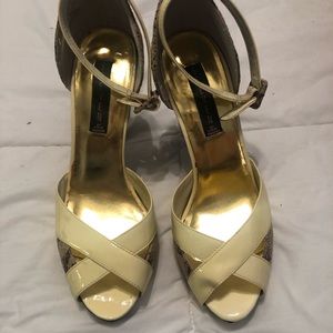 Winter white and taupe snake skin D’orsay heels